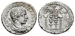 Roman Imperial Elagabalus. Denarius. 218-219 AD. Antioch. (Ric-IV 187). (Bmcre-275). (Rsc-15). Anv.: ANTONINVS PIVS FEL AVG, laureate, draped and cuirassed bust to right. Rev.: CONCORDIA, two signa be