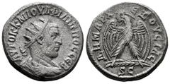Roman Imperial Philip I. Tetradrachm. 244-249 AD. Antioch. (Prieur-311). Anv.: ΑΥΤΟΚ Κ Μ ΙΟΥΛ ΦΙΛΙΠΠΟϹ ϹΕΒ. Radiate and cuirassed bust of Philip I to right. Rev.: ΔΗΜΑΡΧ ΕΞΟΥϹΙΑϹ, S C. Eagle standing 