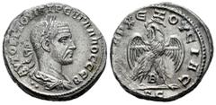 Roman Imperial Trebonianus Gallus. Seleucis and Pieria. Tetradrachm. 252-253 AD. Antioch. (Prieur-658). (McAlee-1172b). Anv.: AVTOK K Γ OVIB TPЄB ΓAΛΛOC CЄB. Laureate, draped and cuirassed bust to rig