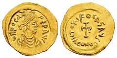 Byzantine Empire Phocas. Tremissis. 607-610 AD. Constantinople. (MIBE-27). (Doc-19). (Sear-634). Anv.: ∂ N FOCAS PЄR AVI, pearl-diademed, draped and cuirassed bust to right. Rev.: VICTORI FOCAS AVς, c
