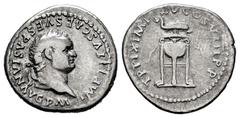 Imperio Romano Tito. Denario. 80 d.C. Roma. (Ric-II 1 128). (Bmcre-78/9). (Rsc-321). Anv.: IMP TITVS CAES VESPASIAN AVG P M. Cabeza laureada a la derecha. Rev.: TR P IX IMP XV COS VIII P P. Trípode de