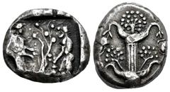 Paduanos, Electrotipos y Copias Kyrene. Tetradracma. 430-400 a.C. Anv.: Figura femenina a la izquierda y macsulina desnuda a la derecha , ambos recogiendo frutos de un árbol. Rev.: Planta de Silphium.