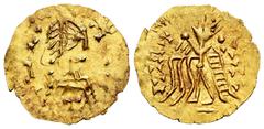 Visigothic Coins Pseudo-imperial coinage. Imitating the types of Justin II. Tremissis. 518-580 AD. (Tomasini-JII, 436). Anv.: (Garbled legends), diademed and draped bust right cross on breast. Rev.: (