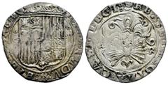 Catholic Kings (1474-1504) Catholic Kings (1474-1504). 2 reales. Granada. R. (Bautista-1304). (Cal-498 var.). Anv.: FERИAИDVS : ET HE(LI)SABE. Shield between G - II, surpassed by roundels. Rev.: + REX