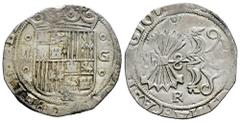 Catholic Kings (1474-1504) Catholic Kings (1474-1504). 2 reales. Granada. R. (Bautista-1316). (Cal-501). Anv.: ... ИDV(S :) ET ELISABE ... Shield between II - G, bounded vertically by roundels. Rev.: 