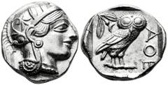 Greek Coins Attica. Athens. Tetradrachm. 454-404 BC. (Gc-2526). (Sng Cop-31). (Kroll-8). Anv.: Head of Athena right, wearing crested Attic helmet ornamented with three olive leaves above visor and spi