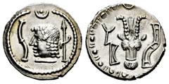 Greek Coins Arabia Felix. Himyarites & Sabaeans. Drachm. 1st century AD. (Munro-Hay 2.2i). (Sng Ans-1503-22). Anv.: Male head left wearing diadem; symbol to left and right; pellet within crescent abov