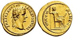Roman Imperial Tiberius. Aureus. 14-37 AD. Lugdunum. (Ric-25). (Cohen-15). (Cal-305d). Anv.: CAESAR DIVI AVG F AVGVSTVS. Laureate head of Tiberius right. Rev.: PONTIF MAXIM. Livia (as Pax) seated righ