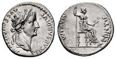 Roman Imperial NGC - AU 4/5, 4/5 | Tiberius. Denarius. 14-37 AD. Lugdunum. (Ric-I 30 corr.). (Bmcre-48). (Rsc-16a). Anv.: TI CAESAR DIVI AVG F AVGVSTVS, laureate head to right. Rev.: PONTIF MAXIM, Liv