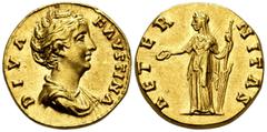 Roman Imperial Diva Faustina. Aureus. 141 AD. Rome. (Ric-III 349a (Pius)). (Calicó-1473a). (Bmcre-369 (Pius)). Anv.: DIVA FAVSTINA, draped bust to right. Rev.: AETERNITAS, Fortuna standing facing, hea