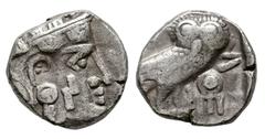 Greek Coins Arabia Felix. Sabaeans. Drachm. 3rd Century BC. (Bmc arabia-p.45 1 var.). (Sng Ans-1456). (Tesorillo-Sabeos 1, Plate Coin). Anv.: Helmeted head of Athena right; Arabian 'N' (mark of value)