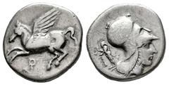 Greek Coins Corinthia. Corinth. Stater. 400-375 BC. (Bcd-Corinth 81 var.). (Ravel-713). (Tesorillo-Corinto 1, Plate Coin). Anv.: Pegasos flying left, Ϙ below. Rev.: Head of Athena to right, wearing Co