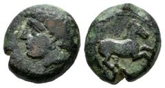 Greek Coins North Africa. Carthage. AE 15. 4th-3rd century BC. Uncertain mint in Sicily. (CNP-126). (MAA-15). (Tesorillo-Cartago 1, Plate Coin). Anv.: Wreathed head of Tanit to left. Rev.: Horse gallo