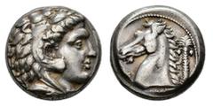Greek Coins Sicily. Entella. Tetradrachm. 300-289 BC. (Jenkins Punic-(O115/R286) Unlisted comb). (Tesorillo-Cartago 3, Plate Coin). Anv.: Head of Herakles to right, wearing lion skin headdress. Rev.: 