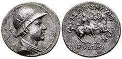 Greek Coins Greco-Baktrian Kingdom. Eukratides I Megas. Tetradrachm. 170-145 BC. (Bopearachchi-6O). (Tesorillo-Bactria 2, Plate Coin). Anv.: Diademed and draped bust to right, wearing crested helmet a