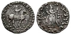 Greek Coins Indo-Skythians. Azes II. Fourée Drachm. 58-20/19 BC. (Senior-Type 98). (Hgc-12, 653). (Tesorillo-Indoescitas 6, Plate Coin). Anv.: BAΣIΛEΩΣ BAΣIΛEΩN MEΓAΛOY AZOY, king on horseback riding 