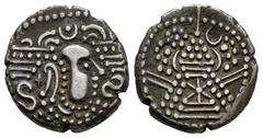 Greek Coins Indo-Sasanian. Gadhiya Paisa. Drachm. 950-1050 AD. (Mitchiner-422/4). (Tesorillo-Indo-Sasánida 1, Plate Co). Anv.: Indo-Sasanian style bust to right; pellets and ornaments around. Rev.: St