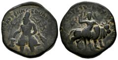 Greek Coins Kushan Empire. Vima Kadphises. Tetradrachm. 100-127/8 AD. Begram. (ANS Kushan-300/302). (Tesorillo-Kushan 2, Plate Coin). Anv.: Vima Kadphises standing facing, head to left, sacrificing ov