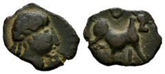 Celtiberian Coins Kastilo-Castulo. Sextans?. 180 BC. Cazlona (Jaén). (Abh-746). (Tesorillo-Castulo 93, Plate Coin). Anv.: Diademed male head right. Rev.: Bull right, crescent above. Ae. 1,84 g. This t