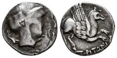 Celtiberian Coins Emporiton-Emporion. Drachm. 220-150 BC. L'Escala, Ampurias (Girona). (Abh-1101). (CNH-p.26, 62/65). (Tesorillo-Iberia 7, Plate Coin). Anv.: Female head right, three dolphins around. 