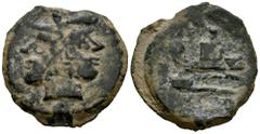 Celtiberian Coins Imitations from the 2nd century BC. Unit. 100 BC. (Craw-56/2). (MIB-216/22, plate Coin). (Tesorillo-Imit. Hispania 25, Plate). Anv.: Laureate head of Janus; I above. Rev.: Prow of ga