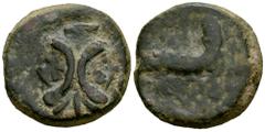 Celtiberian Coins Imitations from the 2nd century BC. Unit. 100 BC. (Craw-56/2 var.). (MIB-16/06b, plate Coin). (Tesorillo-Imit. Hispania 26, Plate). Anv.: Laureate head of Janus; I above. Rev.: Prow 