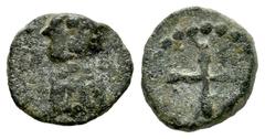 Visigothic Coins Nummus. 7th century. (Crusafont-Group F, type 48). (Tesorillo-Visigodos 16, Plate Coin). Anv.: Draped bust on the left. Rev.: Cross with pellets at the ends of the crossbars and formi