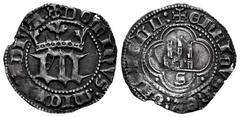 Reino de Castilla y León. Enrique III (1390-1406). 1/2 real. Sevilla. (Bautista-762.1, mismo ejemplar). Ag. 1,39 g. Variante de estilo. S bajo el castillo. Puntos en los ángulos. Cospel irregular. Muy