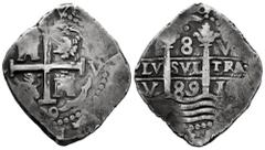 Charles II (1665-1700) Charles II (1665-1700). 8 reales. 1689. Lima. V. (Cal-594). Ag. 27,05 g. Double date, one of them partially visible. Triple assayer. Slight patina. Rare. Ex Áureo 9 (28/06/1990)