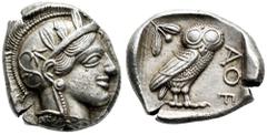 Greek Coins Attica. Athens. Tetradrachm. 430-420 BC. (Kroll-8). (Svoronos-pls. 12-13). Anv.: Head of Athena to right, wearing crested Attic helmet decorated with three olive leaves and palmette. Rev.: