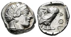 Greek Coins Attica. Athens. Tetradrachm. 454-404 BC. (Kroll-8). (Sng Cop-31). (Hgc-4,1597). Anv.: Head of Athena to right, wearing crested Attic helmet ornamented with three olive leaves above visor a
