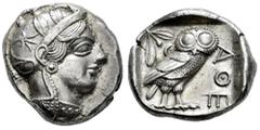 Greek Coins Attica. Athens. Tetradrachm. 454-404 BC. (Kroll-8). (Sng Cop-31). (Hgc-4,1597). Anv.: Head of Athena to right, wearing crested Attic helmet ornamented with three olive leaves above visor a