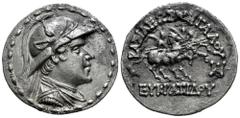 Greek Coins Greco-Baktrian Kingdom. Eukratides I Megas. Tetradrachm. 170-145 BC. (Bopearachchi-6W). (Hgc-12, 131). (SNG Ans-469/71). Anv.: Diademed and draped bust to right, wearing crested helmet ado