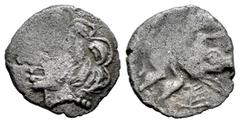 Greek Coins Galia. Petrocores (Périgueux Region). Drachm or Quinarius of the monstrous boar. 80-60 BC. (Lt-4309). (Bn-4308/10). Anv.: Male head on the left, wearing a pearl necklace and curly hair. Re