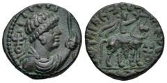 Greek Coins Kushan Empire. Vima Takto (Soter Megas). Tetradrachm. 80-100 AD. Uncertain mint. (ANS Kushan-147). Anv.: Radiate and diademed bust of Vima Takto to right, holding scepter in his left hand;