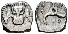 Greek Coins Dynasts of Lycia. Perikles. 1/3 stater. 380-360 BC. (Sng Cop-32). (SNG von Aulock-4255). Anv.: Facing lion's scalp. Rev.: Triskeles; 'Perikle' in Lykian script around; all within shallow i