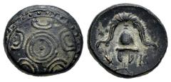 Greek Coins Kingdom of Macedon. Alexander III, "The Great". AE 15. 336-323 BC. (Price-2072). Anv.: Macedonian shield with pellet on boss. Rev.: Macedonian helmet; grain ear to left, K to right. Ae. 3,