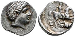 Greek Coins Kings of Paeonia. Patraos. Tetradrachm. 333-315 BC. Astibus or Damastion. (Hgc-3.1-148). (Sng Ans-1032). Anv.: Laureate head of Apollo right. Rev.: Warrior on horse rearing right, spearing