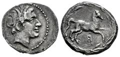 Greek Coins Sicily. Akragas. 1/2 shekel. 213-211 BC. Punic occupation. (Hgc-2, 172). (Sng Cop-378 (Carthage)). Anv.: Male head right (Triptolemos?), wearing wreath of grain ears. Rev.: Horse leaping r