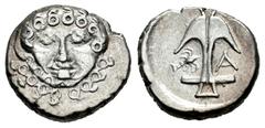 Greek Coins Thrace. Apollonia Pontika. Drachm. Century IV BC. (Gc-1655). (Cy-1543). Anv.: Gorgan forehead head. Rev.: Vertical anchor, on the left A, on the right crayfish. Ag. 2,78 g. Almost XF/Choic