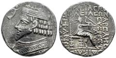 Greek Coins Kingdom of Parthia. Phraatakes. Tetradrachm. SE 311 = 1 April BC. Seleukeia on the Tigris. (Sellwood-57). (Sunrise-401). Anv.: Diademed bust to left; Nikai flanking, crowning Phraatakes wi
