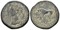 Celtiberian Coins Caesaraugusta. Augustus period. Unit. 27 BC - 14 AD. Zaragoza. (Abh-318). (Acip-3033). Anv.: AVGVSTVS. DIVI. F. Laureate head of Augustus left. Rev.: Pair of oxen left, II. VIR. belo