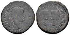 Celtiberian Coins Caesaraugusta. Time of Tiberius. Unit. 14-36 AD. Zaragoza. (Abh-352). (Acip-3069g). Anv.: TI. CAESAR. DIVI. AVGVSTI. F. AVGVSTVS. around laureate head of Tiberius right. Rev.: Heads 