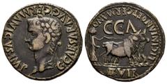 Celtiberian Coins Caesaraugusta. Time of Caligula. Unit. 37-41 AD. Zaragoza. (Abh-391). (Acip-3100a). Anv.: G. CAESAR. AVG. GERMANICVS. IMP. Laureate head of Caligula left. Rev.: Pair of oxen right, C