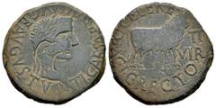 Celtiberian Coins Calagurris. Time of Tiberius. Unit. 14 - 36 BC. Calahorra (La Rioja). (Abh-430). (Acip-3130). Anv.: TI. CAESAR. DIVI. AVG. F.AVGVSTVS. Laureate head of Tiberius right. Rev.: Bull rig