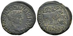 Celtiberian Coins Calagurris. Time of Tiberius. Unit. 14 - 36 BC. Calahorra (La Rioja). (Abh-429). Anv.: TI. AVGVS. DIVI. AVGVSTLF. IMP. CAESAR. Laureate head of Tiberius right. Rev.: Bull right, L. F