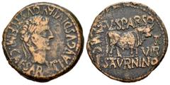 Celtiberian Coins Calagurris. Time of Tiberius. Unit. 14 - 36 BC. Calahorra (La Rioja). (Abh-429). (Acip-3128). Anv.: TI. AVGVS. DIVI. AVGVSTLF. IMP. CAESAR. Laureate head of Tiberius right. Rev.: Bul