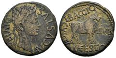 Celtiberian Coins Kelse-Celsa. Augustus period. Unit. 27 BC - 14 AD. Velilla de Ebro (Zaragoza). (Abh-810). (Acip-3164). Anv.: AVGVSTVS. DIVI. F. Laureate head of Augustus right. Rev.: Bull standing r