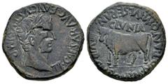 Celtiberian Coins Clunia. Time of Tiberius. Unit. 37-41 AD. Coruña del Conde (Burgos). (Abh-836). (Acip-3172 var). Anv.: TI. CAESAR. AVG. E AVGVSTVS. IMP. Laureate head of Tiberius right. Rev.: Bull l