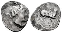 Celtiberian Coins Emporiton-Emporion. Drachm. 200-110 BC. L'Escala, Ampurias (Girona). (Abh-1108). (Acip-192). Anv.: Persephone-Arethusa head right, three dolphins around. Rev.: Pegasus, with Chrysaor